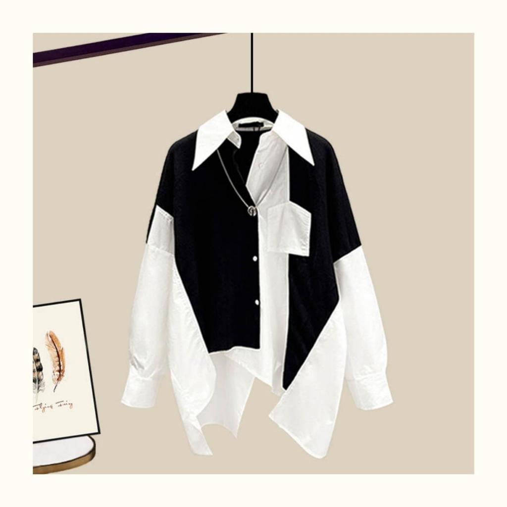 Spicy Girl Spring/Autumn Two-Piece Set: Wide-Leg Pants + Patchwork Shirt Top for Women 2026