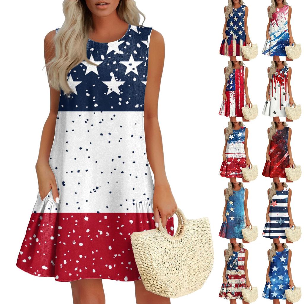 Women's Fashion Casual Sleeveless Round Neck Ruffle Independence Day Printed Dresses