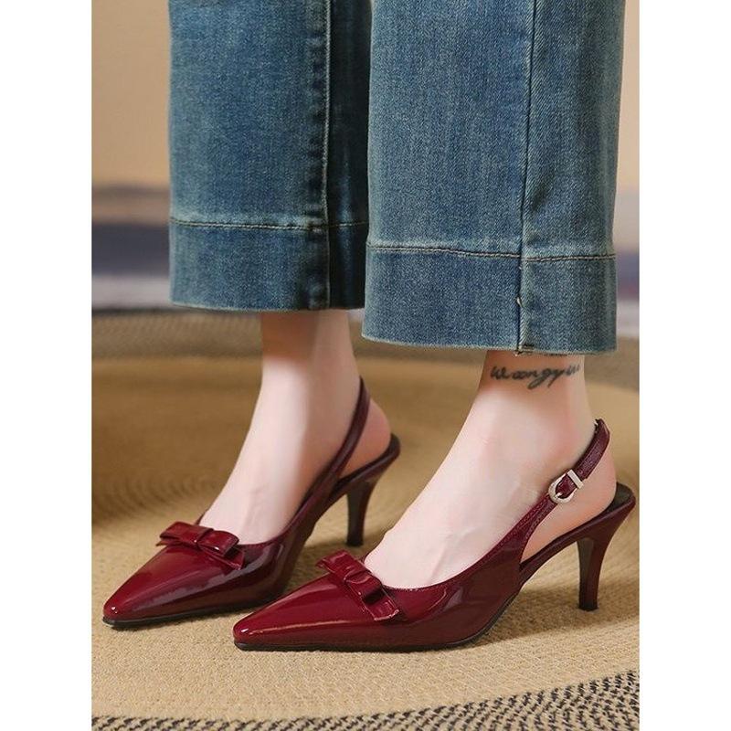 Baotou sandals pointed bow high heels rear strap stiletto workplace work shoes