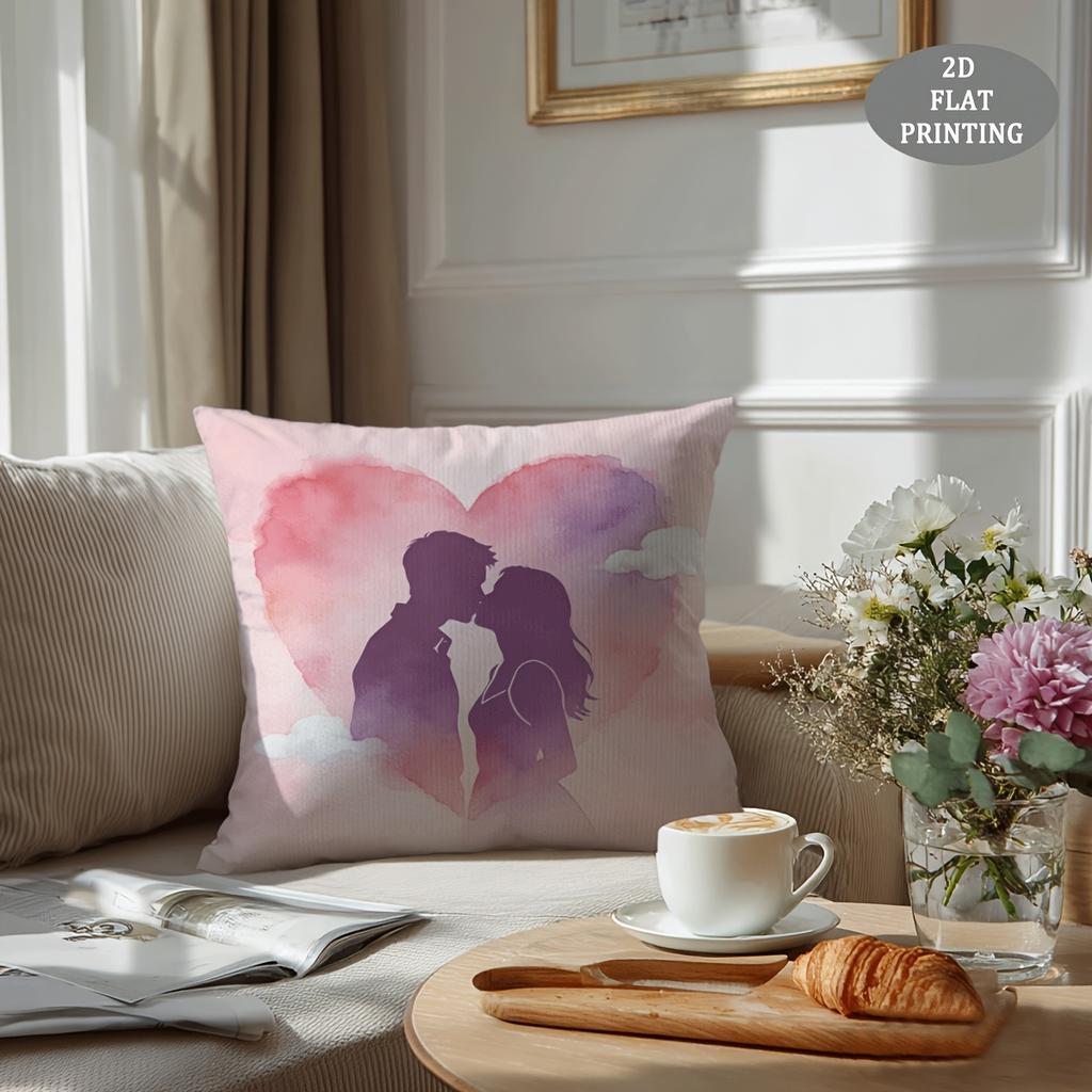 1pc Red Heart-Shaped Petal Pattern Plush Throw Pillow Cover | 2D Flat Printing, Single-Sided, 18x18 inch, Suitable for Sofa and Living Room Decor
