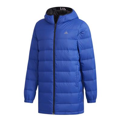 Wendbare Mittellange Kapuzen-Farbblock-Gestreifte Logo-Daunenjacke Herren Oberbekleidung Blau Schwarz DM1968