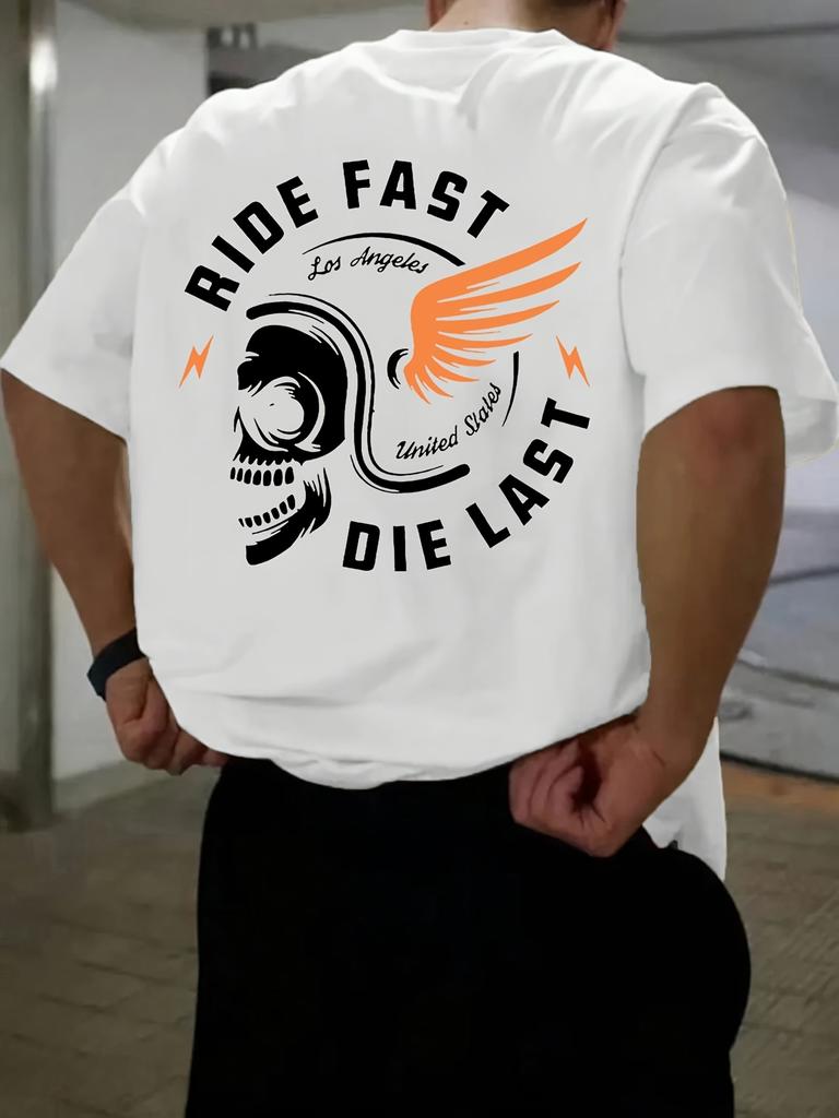 Mens RIDE FAST Skull Pattern Tshirt Casual Summer  with Bold Ride Fast Print and Wing Design Shortsleeved Round Neck