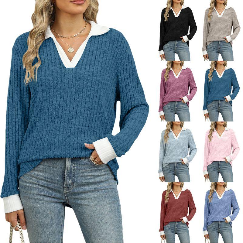 

2024 Autumn Contrasting Lapel Long Sleeved Loose T-shirt Top Light Blue XXL