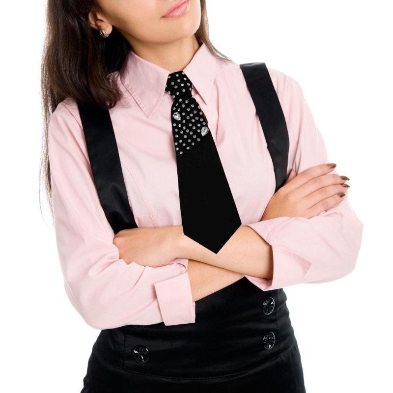 Elegant Rhinestones Embellished JK Shirt Tie for Women Men Harajuku Student Uniform Adjustable Pre Tied Black Necktie