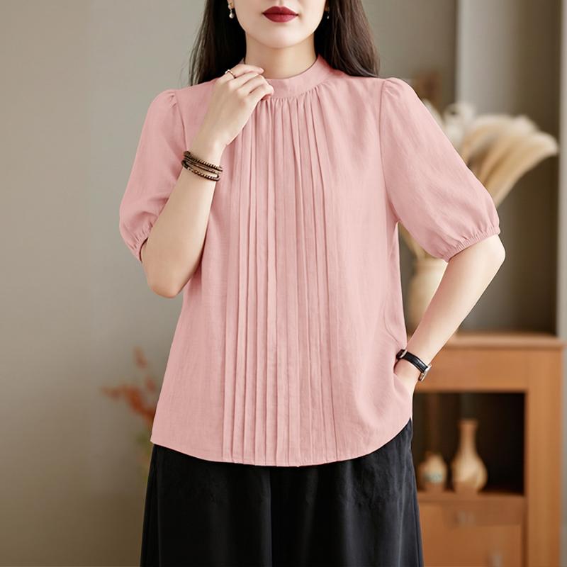 ZANZEA Women Stand Collar Solid Color Loose Casual Half Sleeve Blouse