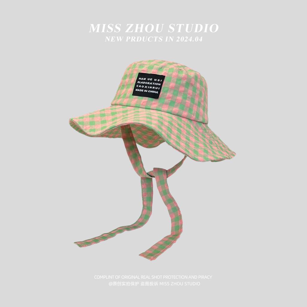 Plaid tied sunshade bucket hat women's idyllic big eaves foldable sunscreen sun hat summer