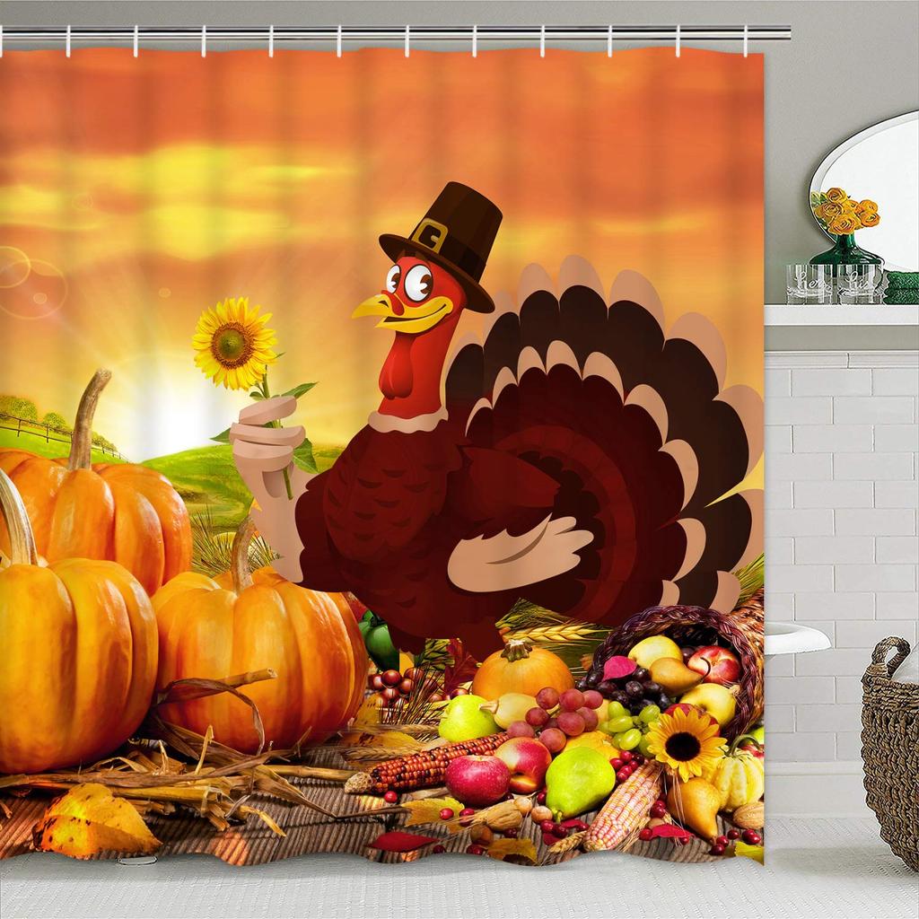 Thanksgiving Shower Curtain,Cartoon Turkey And Autumn Leaves Shower Curtain For Bathroom Decor Polyester Waterproof Bath Curtain