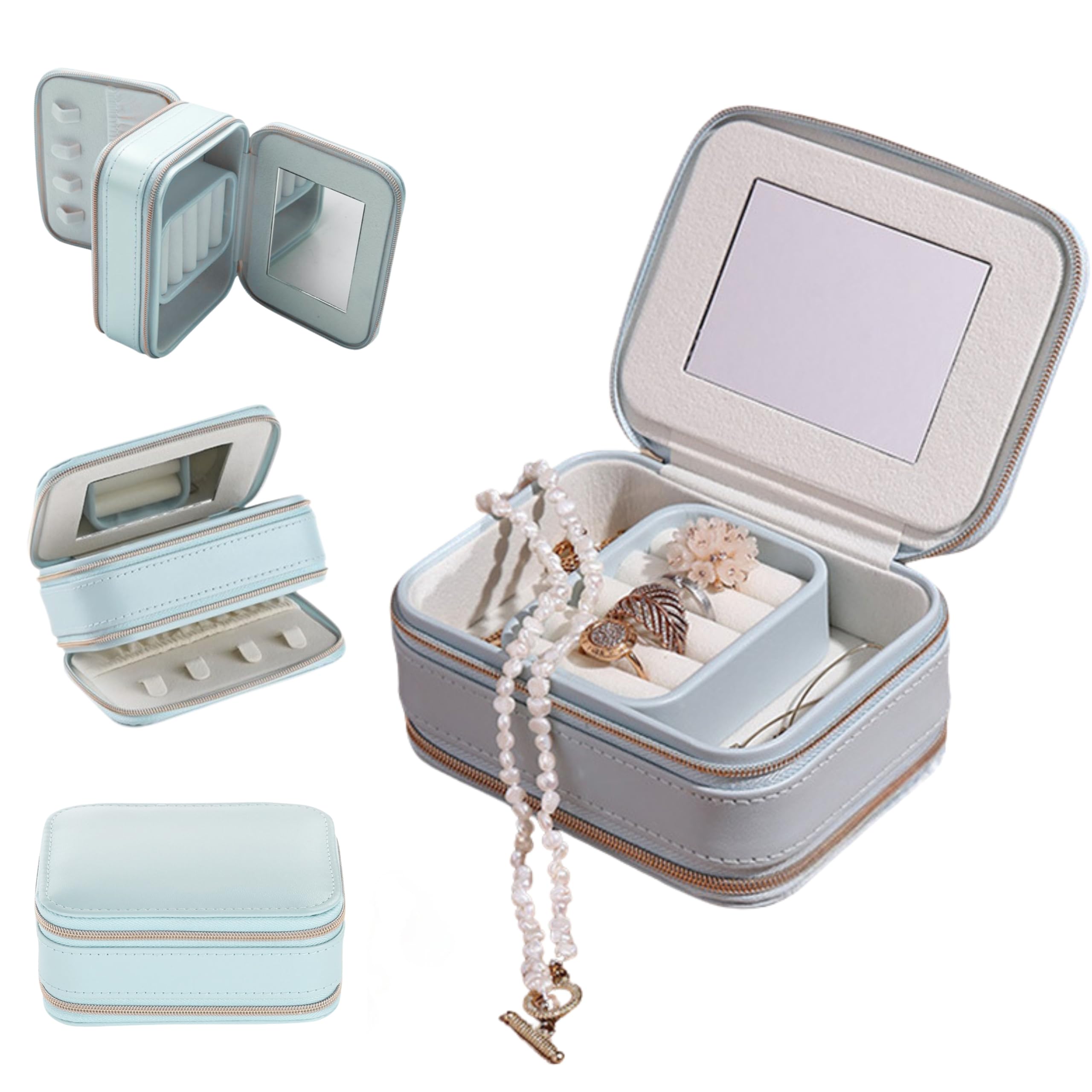 

East Leaf Accessory Case, Compact and Portable, for Earrings, Rings, Necklaces, and Bracelets, Light Pink with Mirror, Blue