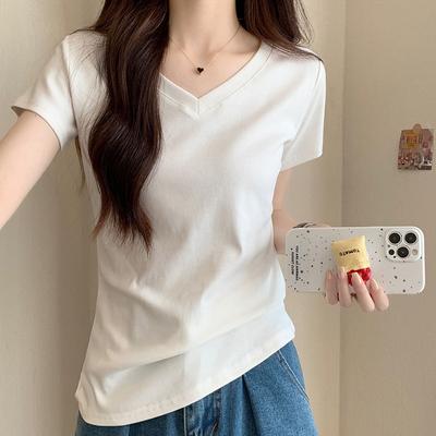 Pure Cotton V-neck Slim Fit T-shirt for Women, Korean Style, Versatile, Summer Thin, Right-shoulder, Flesh-covering Top, Short-sleeved
