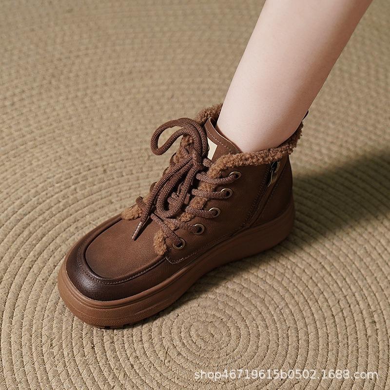Winter Velvet Cotton Shoes Leather Thick-soled Fashion Thickened Boots Retro Snow Boots Outer Short Boots