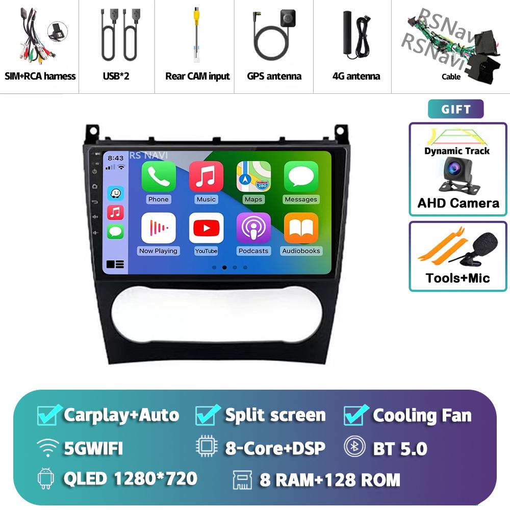 Android 14 Carplay Auto For Benz W203 Car Radio Player Multimedia Stereo Navigation 4G+WIFI AI Voice Head Unit DVD 360 Camera BT