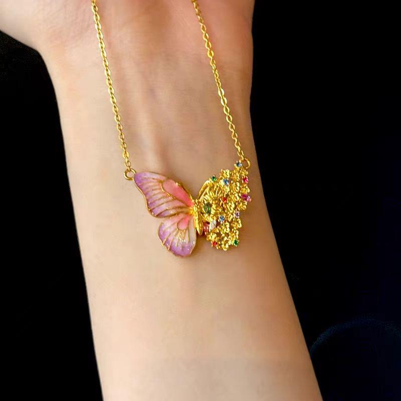 Blue-Fired Filigree Butterfly Pendant Necklace with Gold Enamel, Light Luxury Courtly Style.