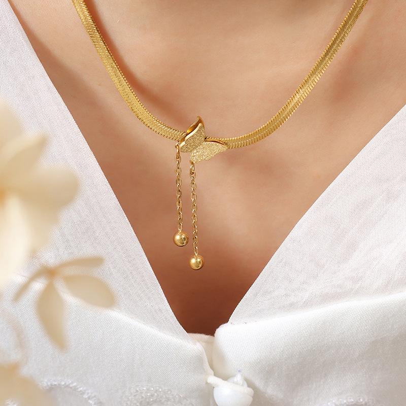 Elegant Butterfly Tassel Necklace: Steel Beads & Matte Chain