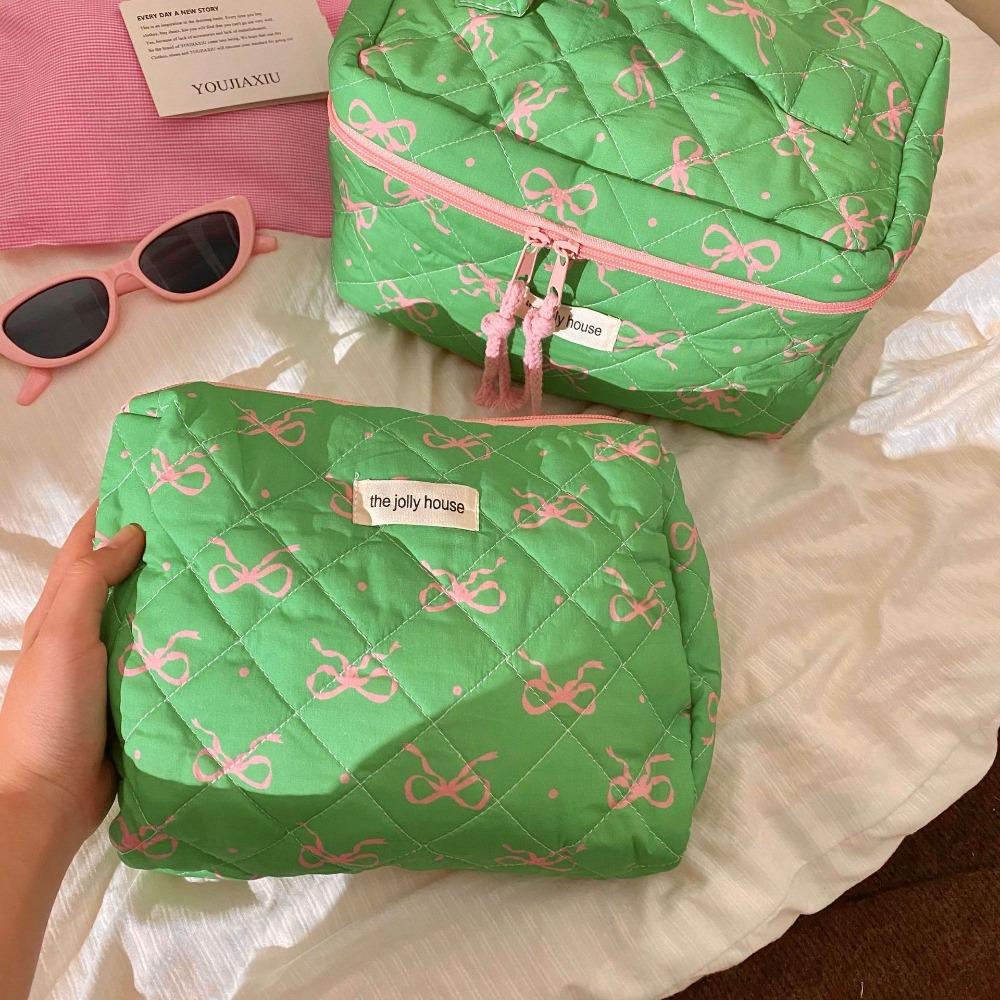 

Bowknot Quilted Makeup Bag Large Capacity Toiletry Cosmetic Pouch Stationery Storage Bag Outdoor S рожевий