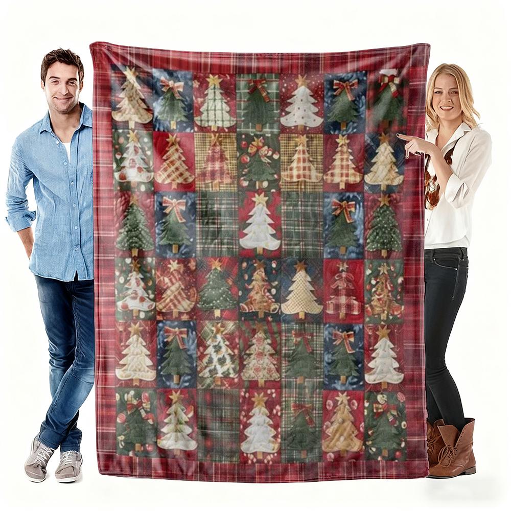 Christmas Patchwork Christmas Tree Pattern Fleece Blanket, Festive Winter Holiday Throw Blanket with Plaid Design  Portable Home