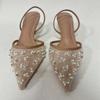 Zapatos de Malla Blancos Decorados con Cuentas, Lentejuelas y Cordones para Mujer, Tacones Finos Puntiagudos Sexy para Mujer, Elegantes Zapatos para Banquete y Boda