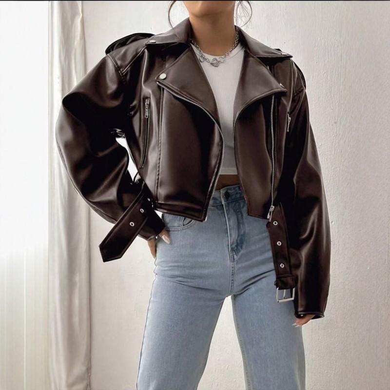 Womens Short PU Leather Moto Jacket Slim Fit Street Style Outerwear Black Wine Beige Brown Peach
