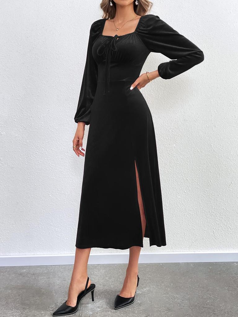 2024 European & American Women's Sexy Slit Velvet Dress with Square Neck & Puff Long Sleeves