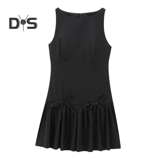 Women Summer Dress Sleeveless Bow Decor Pleated A-line Solid Color Mini Dress Back Zipper Closure O Neck Vest Dress for Dating Party