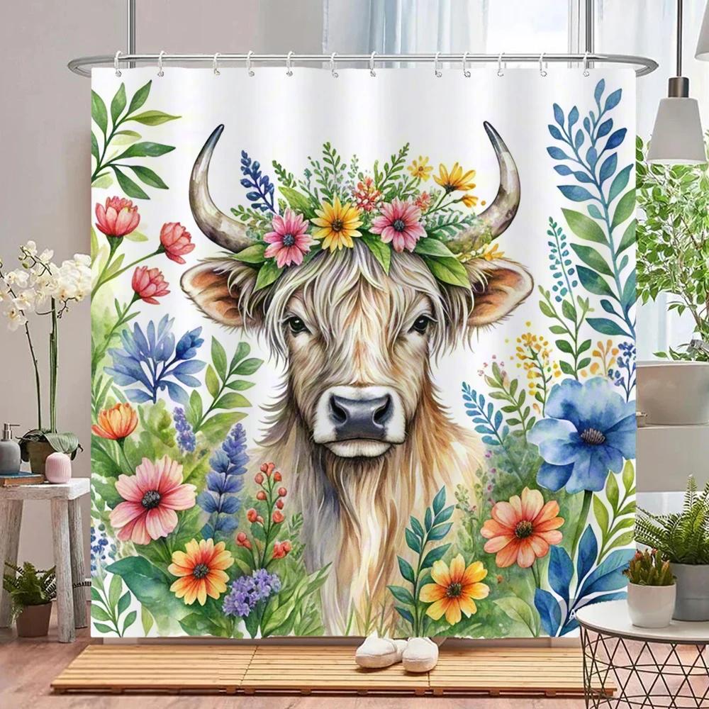 Watercolor Plants And Highland Cow Animal Shower Curtain Print Polyester Waterproof Bathroom Curtains With Hook Decorate Curtain