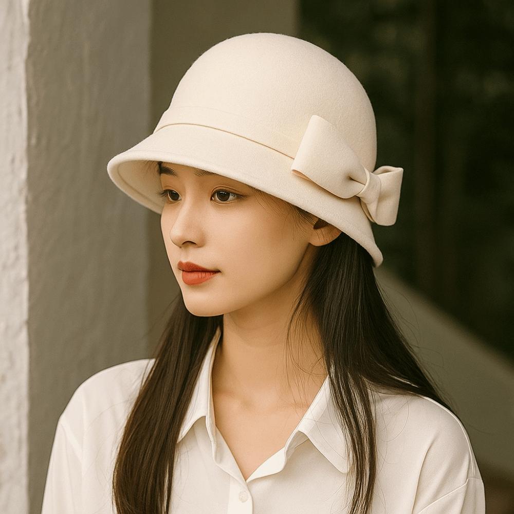 French Style Women Fisherman Hat Keep Warm Woolen Bucket Hat Fashion Bow Topper Hat  Girl