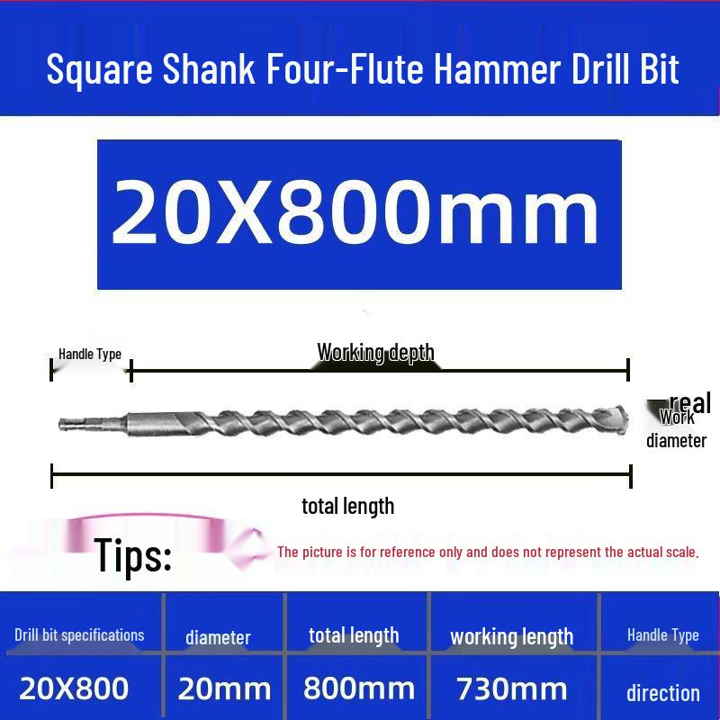 Extended Electric Hammer Drill Bit, Square & Round Shank, for Concrete Piercing - Available in 500mm to 2m Lengths