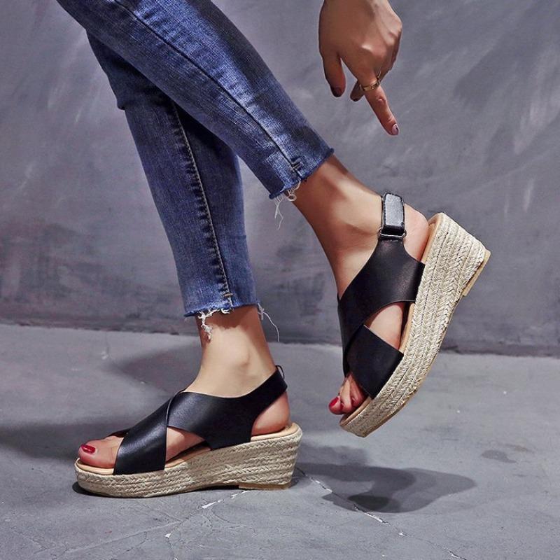 Women's Wamped Sandals Straw-knitted Rope Open-toe Roman Shoes Cross Fish Mouth