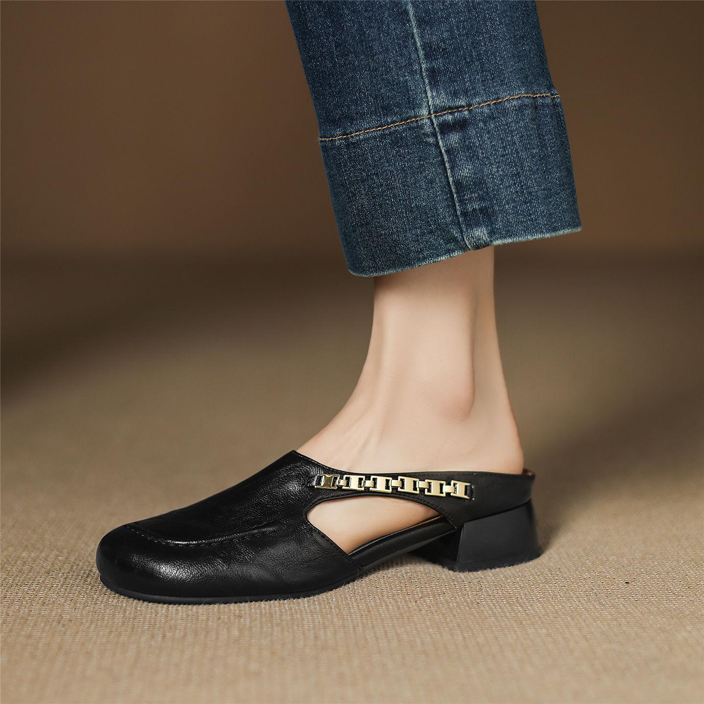 

Баотоу тапочки женские летние модные туфли на маленьком толстом каблуке универсальные полутапочки до 40 чёрный