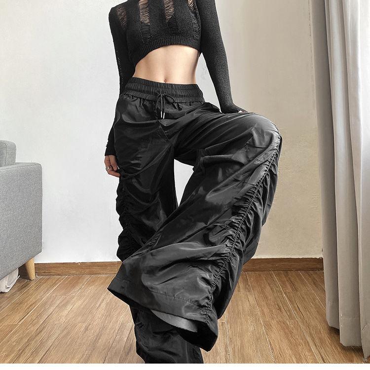 Pantaloni lungi cu design plisat, modă coreeană 2025, negru uni, versatili, casuali, largi, fată, talie înaltă, picior lat, pantaloni lanternă