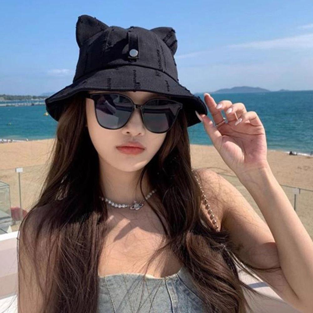 Cotton Fisherman Hat Cute Ear Sun Hat Fashion Cat Ears Hat  Women