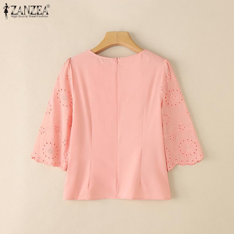 ZANZEA Women Casual Round Neck 3/4 Sleeve Loose Patchwork Crochet Blouse