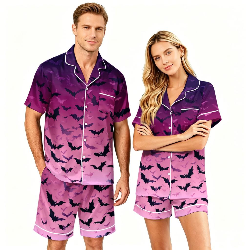 Couple Matching Halloween Pajama Set Short Sleeve Button Down Shirt with Hem and Shorts Soft Casual Sleepwear S-XXXXL