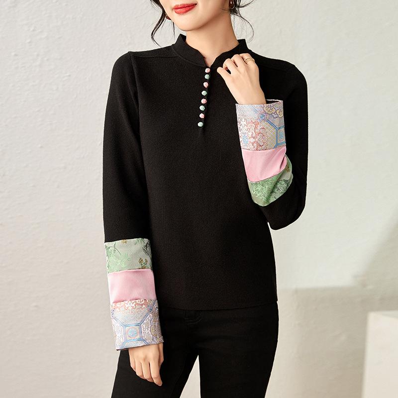 

Женский вязаный свитер с вышитым воротничком-стойкой в китайском стиле Free size чёрный