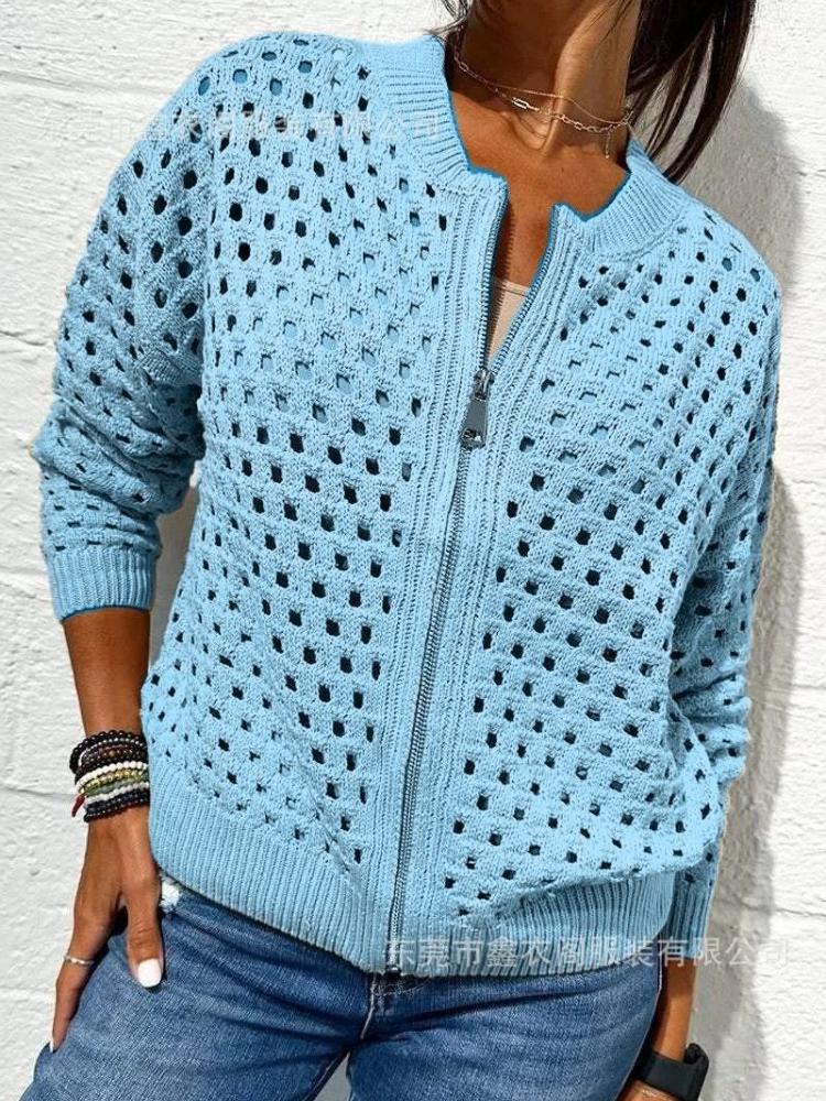 Women's Black Mesh Knit Cardigan with Zipper and Lace-Up Sleeve Detailing