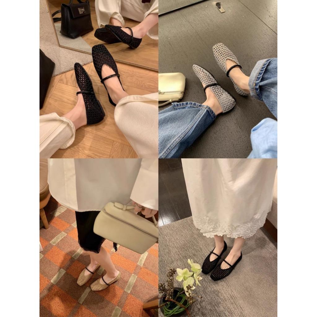 Sheepskin version~ Square head hollow knitting one-word belt versatile soft surface shallow mouth single shoes women