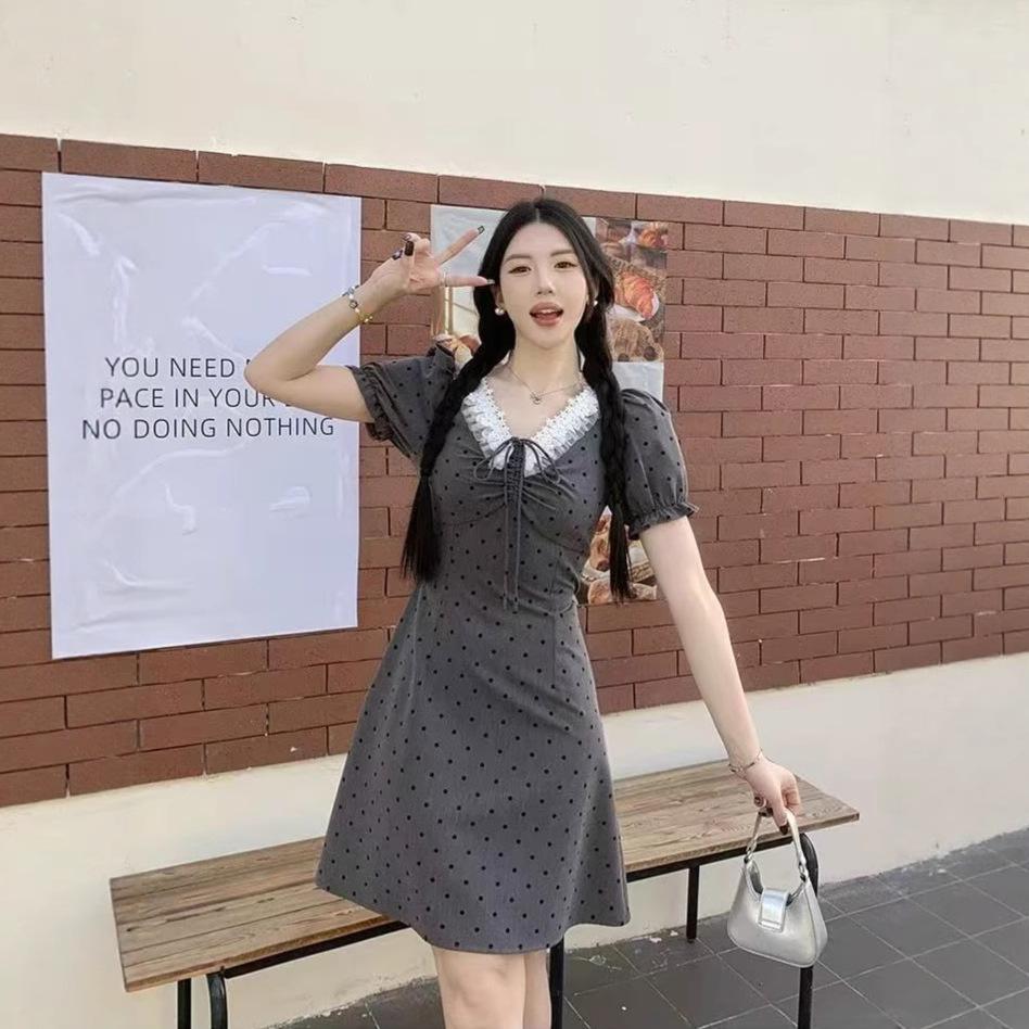 Lace French Hepburn Style Grey Premium Short Sleeve Dress Women's Summer Pear Shape Waist Skinny Polka Dot Short Skirt