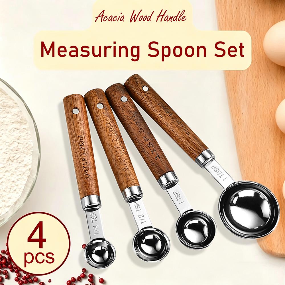

4Pcs Wooden Handle Stainless Steel Measuring Spoons Baking Tools Bartending Scale Accessories серебряный