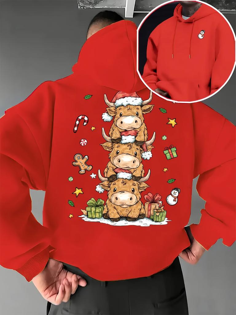 Christmas Red Hooded Sweater for Men and Women Stacked High Cow Gingerbread Man Gift Front and Rear Print Loose Jumper Hoodie