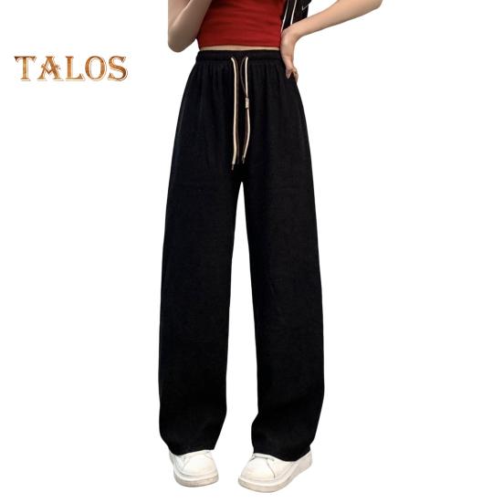 Pantaloni pentru femei cu talie înaltă elastică, cu șnur ajustabil, pantaloni lungi, culoare uni, drepte, cu picior lat, pantaloni ocazionali, ținute zilnice