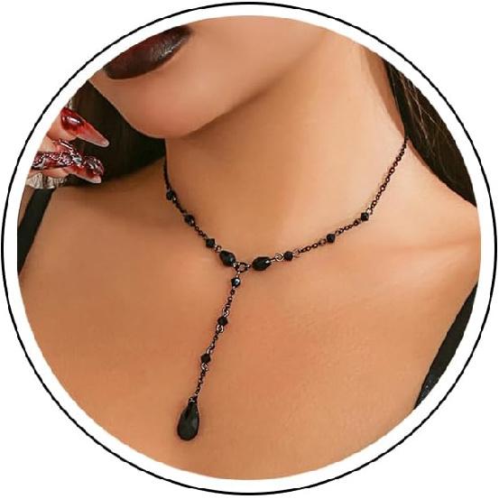 Gothic Red Black Necklace for Women,Goth Choker Vampire Blood Drop Necklace,Punk Black Red Crystal Bead Dark Teardrop Y Necklaces Halloween Jewelry