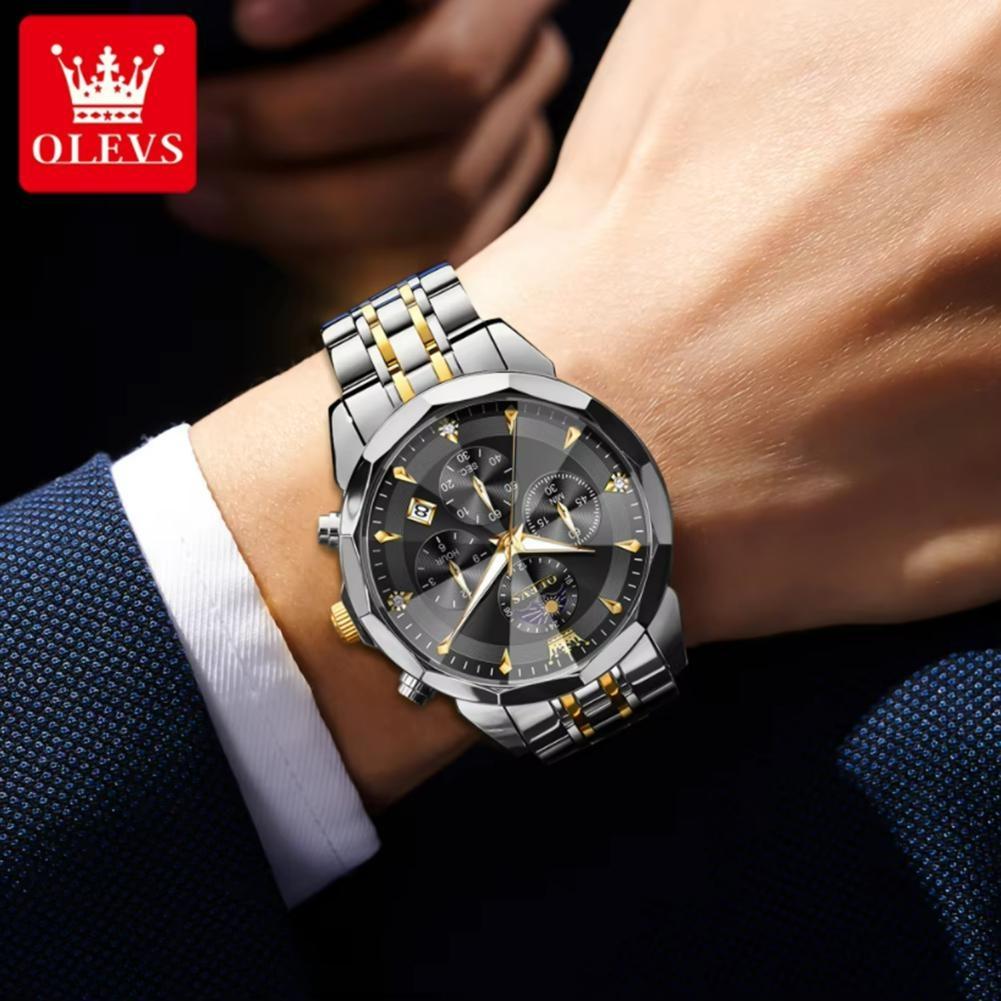 Mens Business Watch Fashion Quartz Watches Multifunctional Chronograph Waterproof Moon Phase Watch Mens Gifts