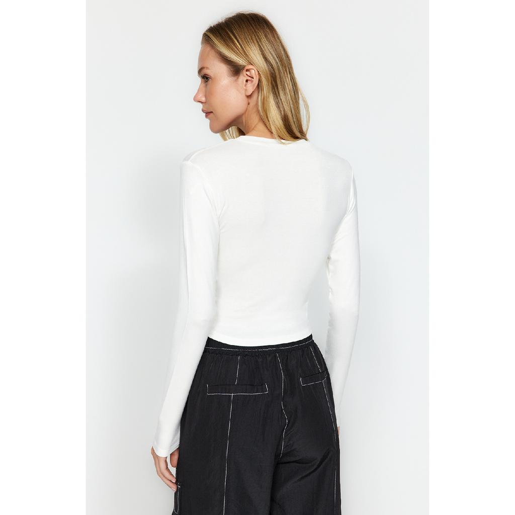 Ecru Premium Viskose Rundhals Crop Dehnbarer Strickbluse Twoaw24bz00116