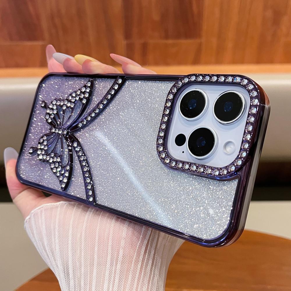 For iPhone 16 Pro Max Rhinestone Butterfly Cover For iPhone 11 12 13 14 15 Plus Gradient Color Flash Electroplated Luxury Shell