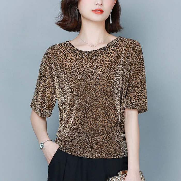 Bright silk T-shirt women's short-sleeved top summer new large size loose belly cover bright silk bottoming leopard print shirt