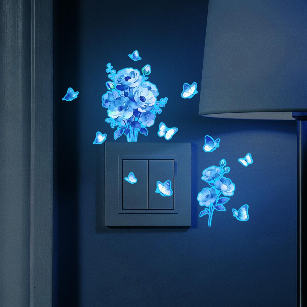 Nightlight Fresh Blue Flower and Blue Butterfly Living Room Home Wall Switch Stickers