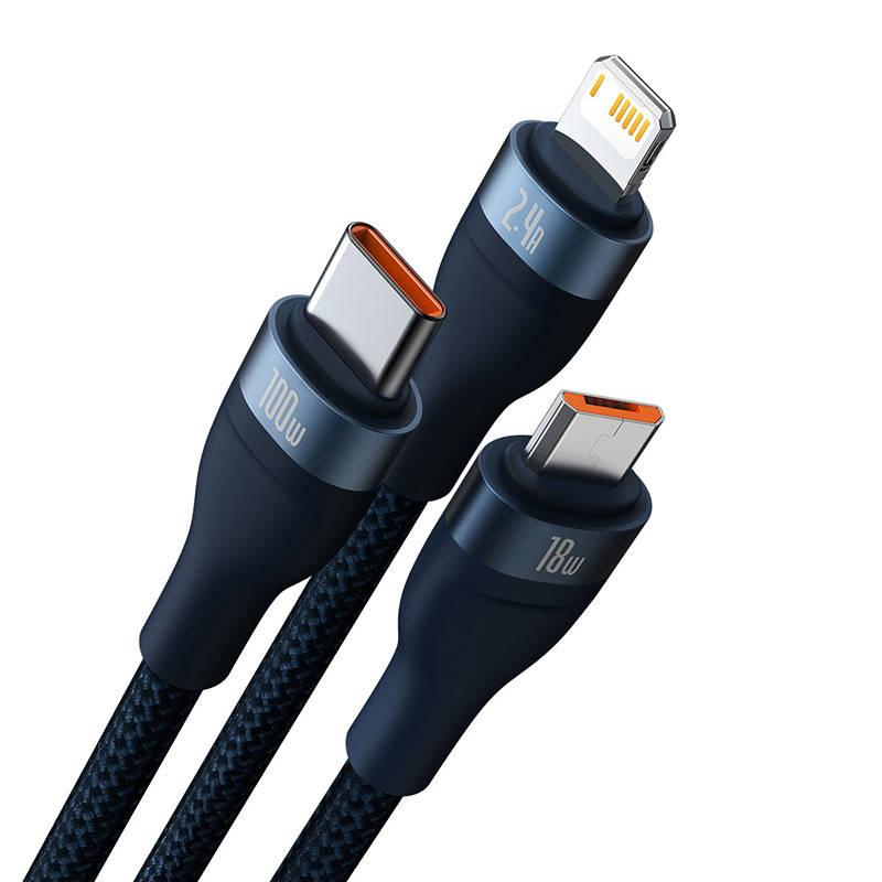 Kabel Usb 3W1 Baseus Flash Series, Usb-C + Micro Usb + Lightning, 100W, 1.2M (Niebieski)