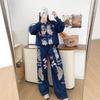 2026 Womens Vintage Denim Set Loose Jacket Wide Leg Pants Streetwear