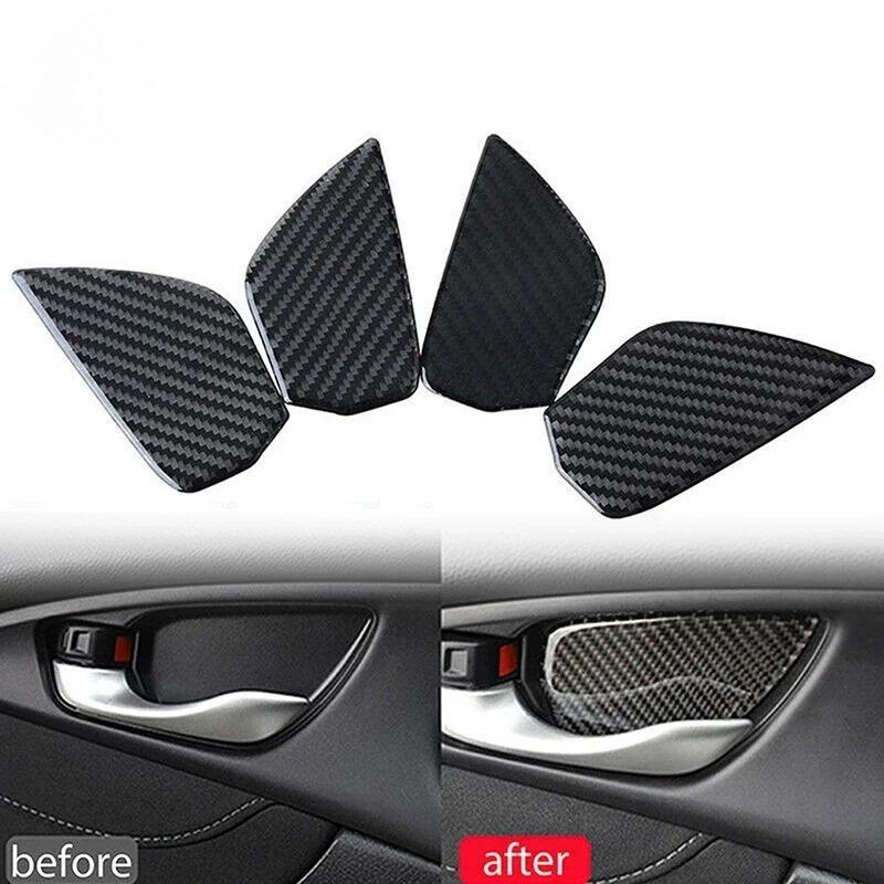 4Pcs Car Inner Door Handle Bowl Cover Trim Carbon Fiber Black Auto Decor Parts For Honda Civic 10th 2016-2021