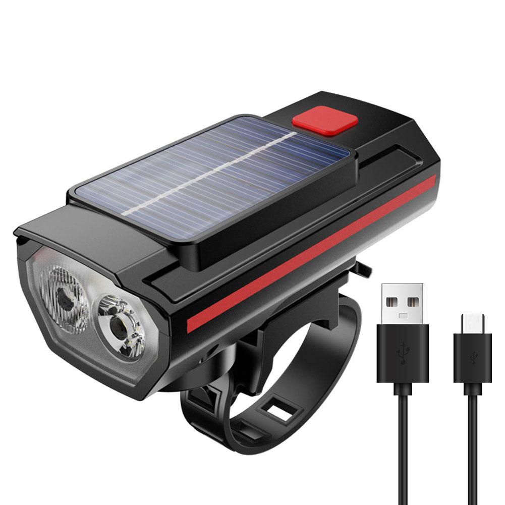Solar LED Bicycle Light USB Charging MTB Road Bike Front Lamp Waterproof Bike Handlebar Flashlight with Horn Bicycle Accessories