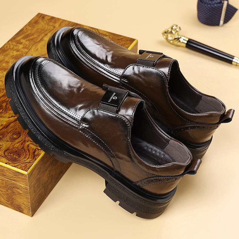 2026 Spring New Fashion Men Leather Loafer Slip-On with Metal Buckle Comfortable Rubber Anti-Slip Thick Sole for Business Casual